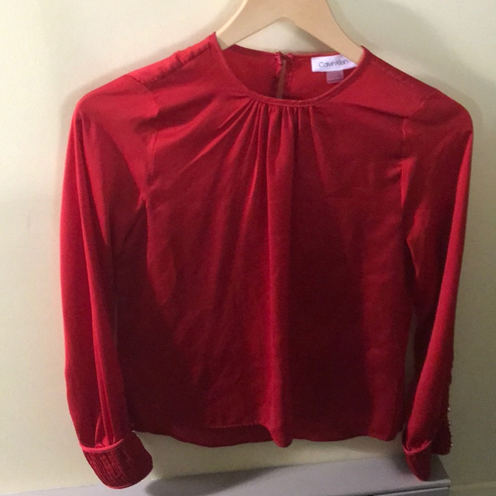 Calvin Klein Holiday Red Satin Blouse SZ: PXS